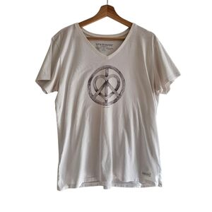 Life is Good Crusher Tee V-Neck Peace Sign Heart Print Women's Large White